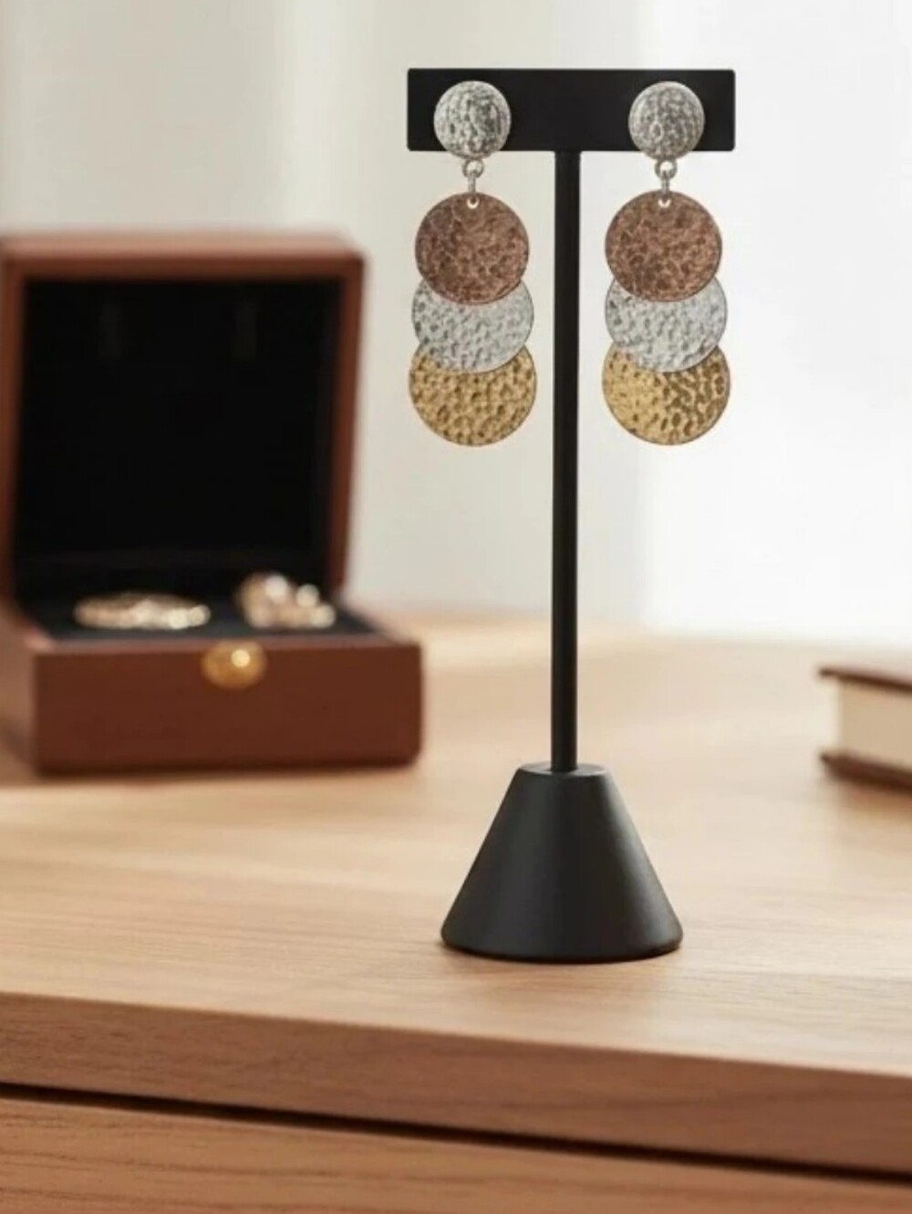 Chico’s Hammered Mixed Metal Disc Dangle Earrings Gold Silver Bronze New